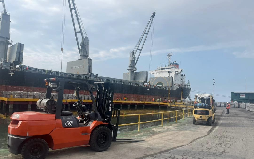 Montacargas movilizando carga paletizada en muelle junto a un buque granelero